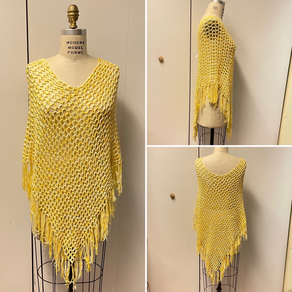 Michigan Fine Yarns Store Sample Sale: Adult Neckwear -Mikado Cotton/Viscose Yellow Crochet Poncho 09598762 | at Michigan Fine Yarns
