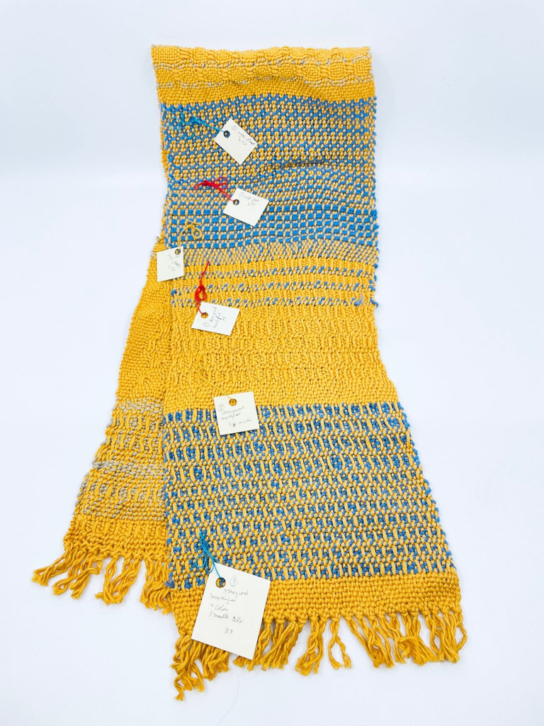 Michigan Fine Yarns Store Sample Sale: Handwoven Stitch Sampler with Labels -Blue and Yellow 38" 42538282 | at Michigan Fine Yarns