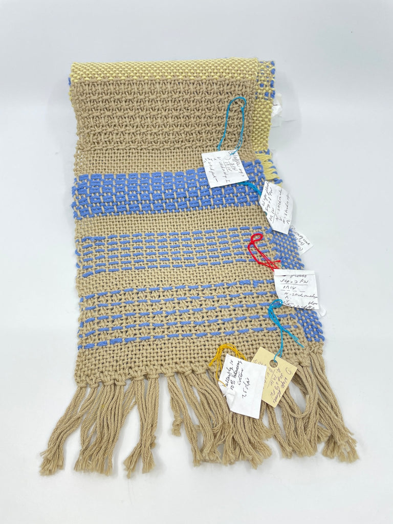 Michigan Fine Yarns Store Sample Sale: Handwoven Stitch Sampler with Labels -Blue and Yellow 70"+ 31986986 | at Michigan Fine Yarns